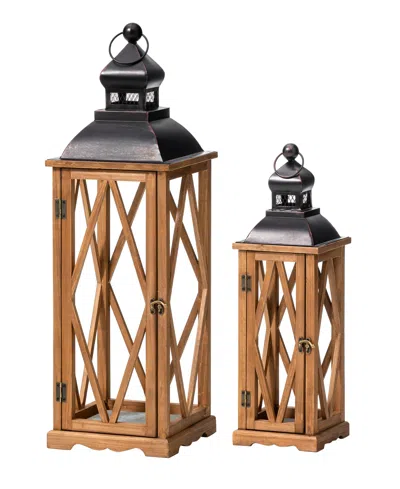Glitzhome Set Of 2 Farmhouse Diamond Wood/ Metal Antique Lanterns, 9"l X 9"w X 28.75"h In Brown