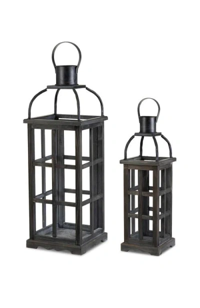 Glitzhome Set Of 2 Farmhouse Vintage Wood & Metal Lanterns Candle Holders With Hanger In Black