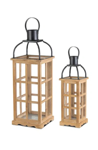 Glitzhome Set Of 2 Farmhouse Vintage Wood & Metal Lanterns Candle Holders With Hanger In Brown