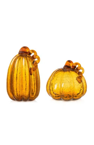 Glitzhome Set Of 2 Glass Short Pumpkins In Amber