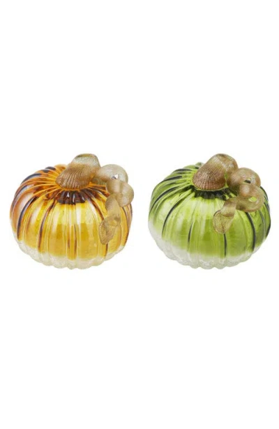 Glitzhome Set Of 2 Glass Short Pumpkins In Green