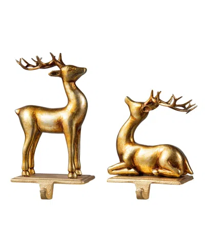 Glitzhome Set Of 2 Gold Resin Standing Sitting Reindeer Stocking Holders In Multi