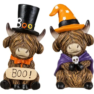 Glitzhome Set Of 2 Halloween Resin Skull Or Highland Cow Table Decor In Multi