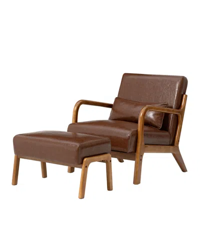 Glitzhome Set Of 2 Leatherette Mid-century Modern Accent Stool And Chair In Brown