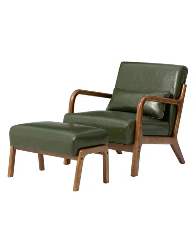 Glitzhome Set Of 2 Leatherette Mid-century Modern Hunter Accent Stool And Chair In Green