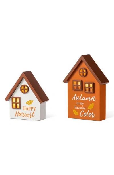 Glitzhome Set Of 2 Lighted Fall Wooden House-shaped Table Decor In Multi
