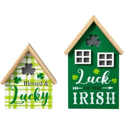 Glitzhome Set Of 2 Lighted St. Patrick's Wooden House-shaped Table Decor In Green