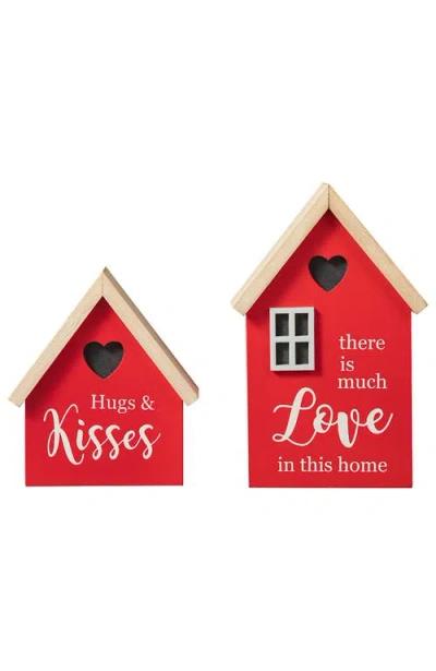 Glitzhome Set Of 2 Lighted Valentine's Wooden House-shaped Table Decor In Red