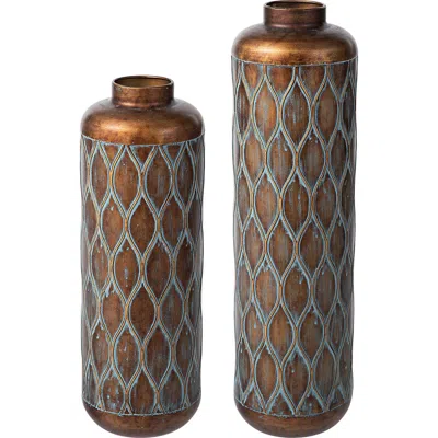 Glitzhome Set Of 2 Metal Antique Cylinder Floor Decorative Vases In Brown