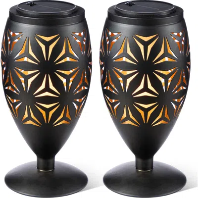 Glitzhome Set Of 2 Metal Cutout Geometric Pattern Solar Powered Outdoor Lantern With Led Light In Black