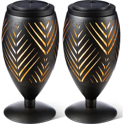 Glitzhome Set Of 2 Metal Cutout Stripe Pattern Solar Powered Outdoor Lantern With Led Light In Black