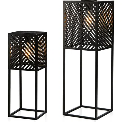 Glitzhome Set Of 2 Metal Geometric Floor Solar Powered Outdoor Lanterns In Black