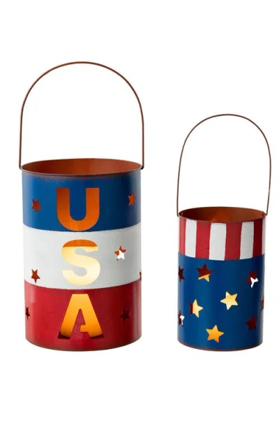 Glitzhome Set Of 2 Metal Patriotic Americana Bucket In Blue