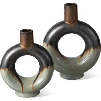 Glitzhome Set Of 2 Modern Circle Hollow Ceramic Table Vases In Multi