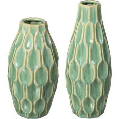 Glitzhome Set Of 2 Modern Geometric Ceramic Table Vases In Green