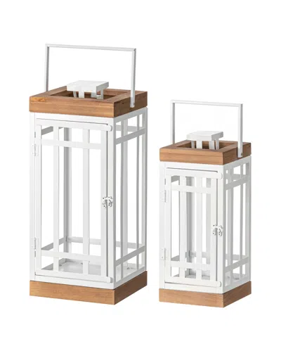 Glitzhome Set Of 2 Modern Square Metal/wood White Lanterns, 10"l X 10"w X 21.25"h