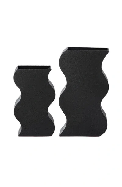 Glitzhome Set Of 2 Modern Textured Ripple Metal Decorative Vases In Black