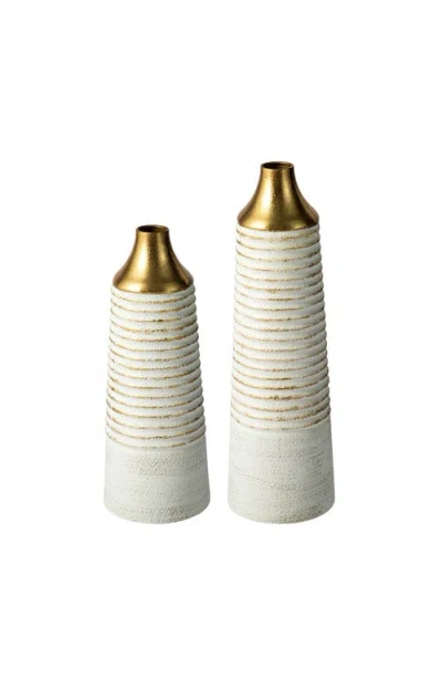 Glitzhome Set Of 2 Modern White & Gold Stripes Metal Decorative Vases