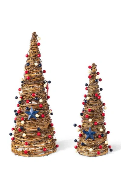 Glitzhome Set Of 2 Patriotic Americana Rattan Stars & Berry Cone Table Tree In Brown
