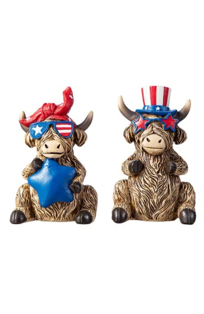 Glitzhome Set Of 2 Patriotic Americana Resin Highland Cow With Stars Table Decor In Brown
