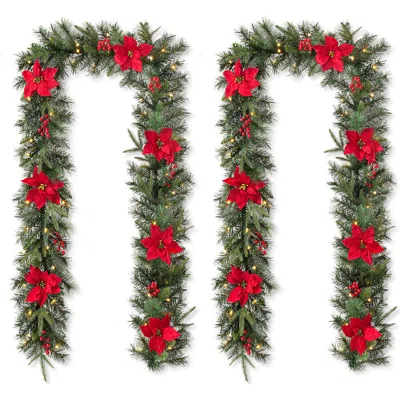 Glitzhome Set Of 2 Pre-lit Poinsettia Christmas Garland With Timer In Animal Print