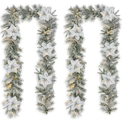 Glitzhome Set Of 2 Pre-lit Poinsettia Christmas Garland With Timer In Multi