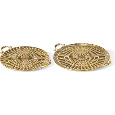 Glitzhome Set Of 2 Round Metal Gold Embossed Decorative Tray With Handles