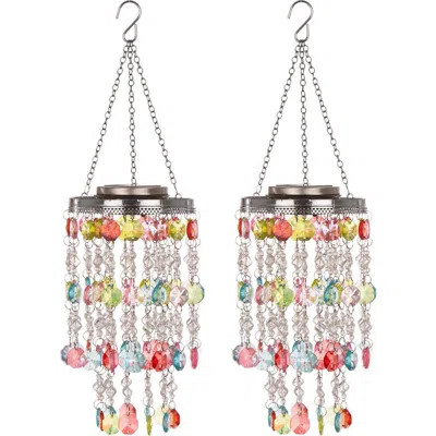 Glitzhome Set Of 2 Solar Lighted Acrylic Jewel Beaded Wind Chime Or Chandelier Hanging Decor In Multi