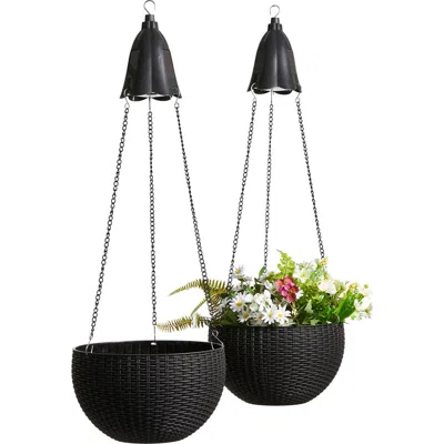 Glitzhome Set Of 2 Solar Lighted Hanging Black Plastic Basket Planters