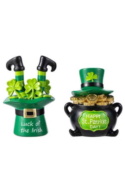 Glitzhome Set Of 2 St. Patrick's Resin Pot Of Gold & Leprechaun Hat Table Decor In Green