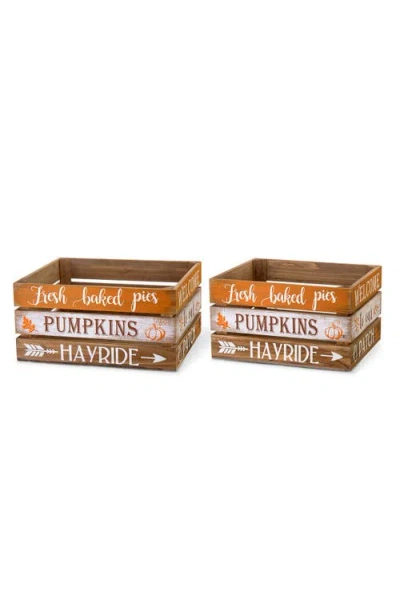 Glitzhome Set Of 2 Wooden Pumpkin Crates Table Decor In Brown
