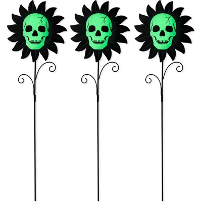 Glitzhome Set Of 3 Halloween Metal Sunflower Skulls Glow-in-dark Yard Stakes In Black