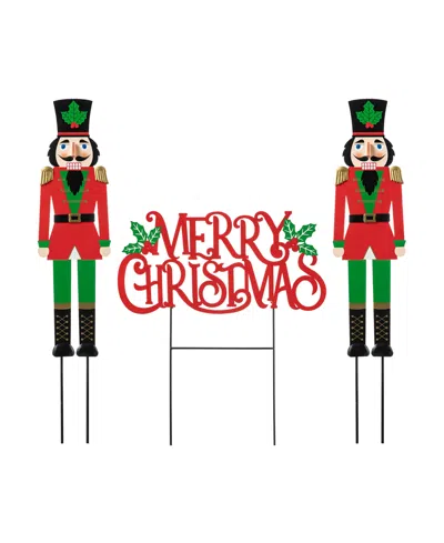 Glitzhome Set Of 3 Metal Nutcracker And Merry Christmas Yard Stake In Multi