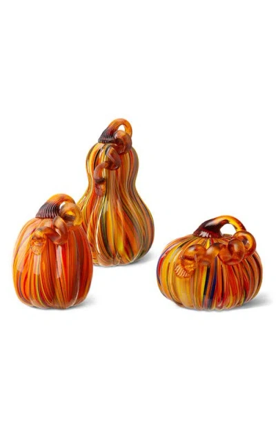 Glitzhome Set Of 3 Multi Striped Glass Pumpkin & Gourd In Orange