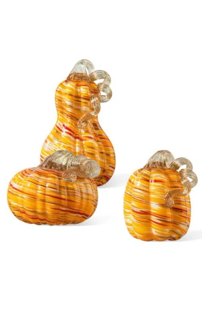 Glitzhome Set Of 3 Multi Striped Glass Pumpkin & Gourd In Orange