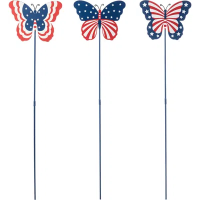 Glitzhome Set Of 3 Patriotic Americana Metal Butterflies Yard Stake In Multi