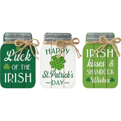 Glitzhome Set Of 3 St. Patrick's Wooden Mason Jar Table Decor In Green