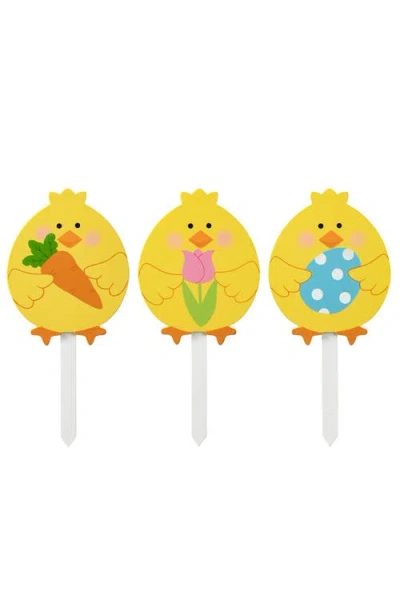 Glitzhome Set Of 3 Wooden Easter Egg Chick Picks Yard Stakes In Yellow