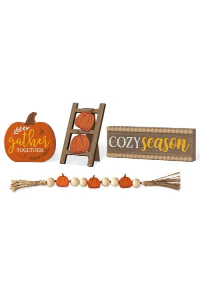 Glitzhome Set Of 4 Fall Wooden Word Signs Tiered Tray Table Decor In Multi