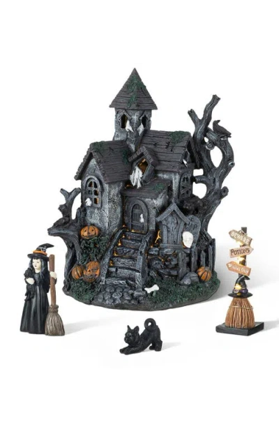 Glitzhome Set Of 4 Halloween Lighted Resin Haunted House With Timer In Black
