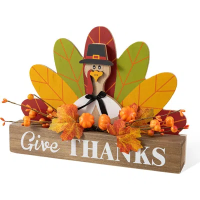 Glitzhome Thanksgiving Wooden Pilgrim Or Turkey Table Block Sign In Brown