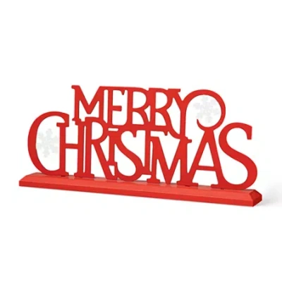 Glitzhome Wood & Metal Merry Christmas Tabletop Decor In Red