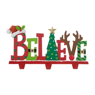 Glitzhome ''wooden And Metal Believe'' Christmas Stocking Holder In Red