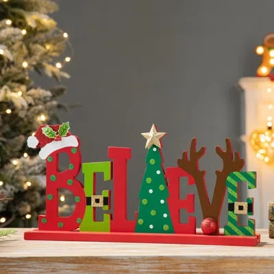 Glitzhome Wooden Christmas "believe" Table Decor In Green;red