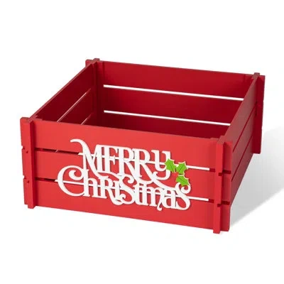 Glitzhome Wooden "merry Christmas" Crate Christmas Tree Collar In Red