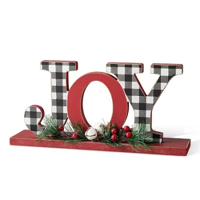 Glitzhome Wooden Plaid Joy Christmas Tabletop Decor In Red