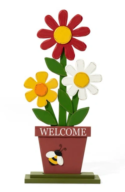 Glitzhome Wooden Trio Flowers Welcome Porch Décor In Multi