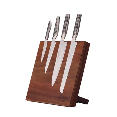 Global Bitoku Classic Essentials 5 Piece Knife Set With Magnetic Block, Acacia In Brown