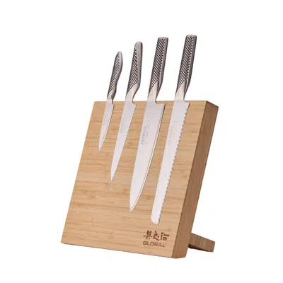 Global Bitoku Classic Essentials 5 Piece Knife Set With Magnetic Block, Hardwood In Silver