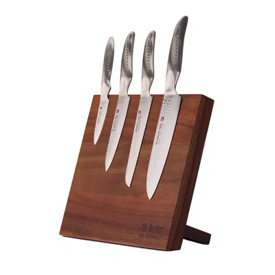 Global Bitoku Sai Essentials 5 Piece Knife Set With Magnetic Block, Acacia In Brown